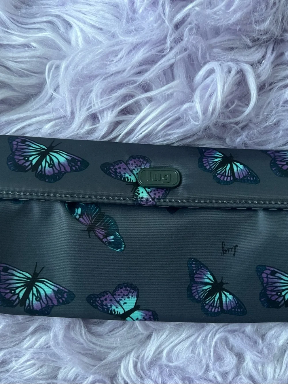 lug Black Phone Case Pouch with Iridescent Purple & Teal Butterflies